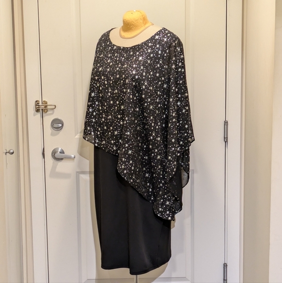 EUC Hanna Nikole 24W Galaxy Star Print Draped Capelet Black and Silver Dress - Picture 5 of 9